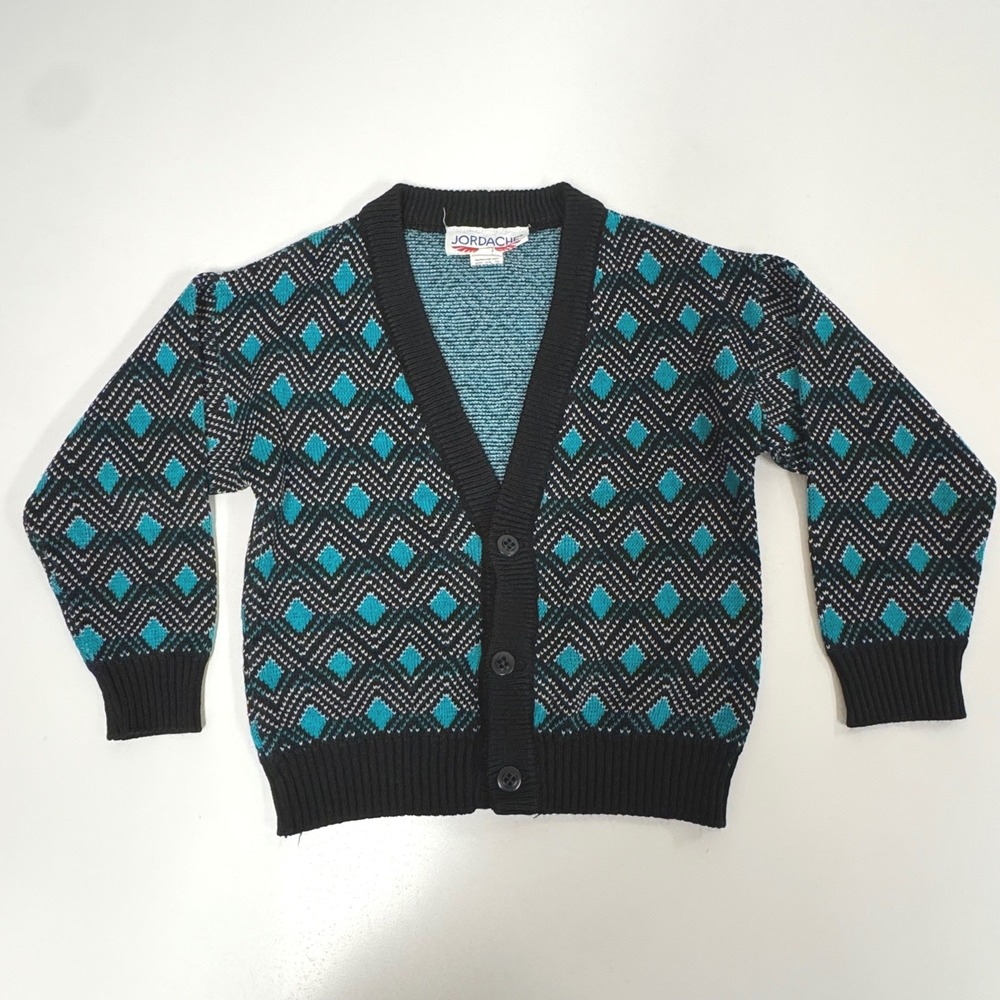 Vintage Jordache Kids Geometric Diamond Knit Cardigan Sweater Teal Black Size 7
